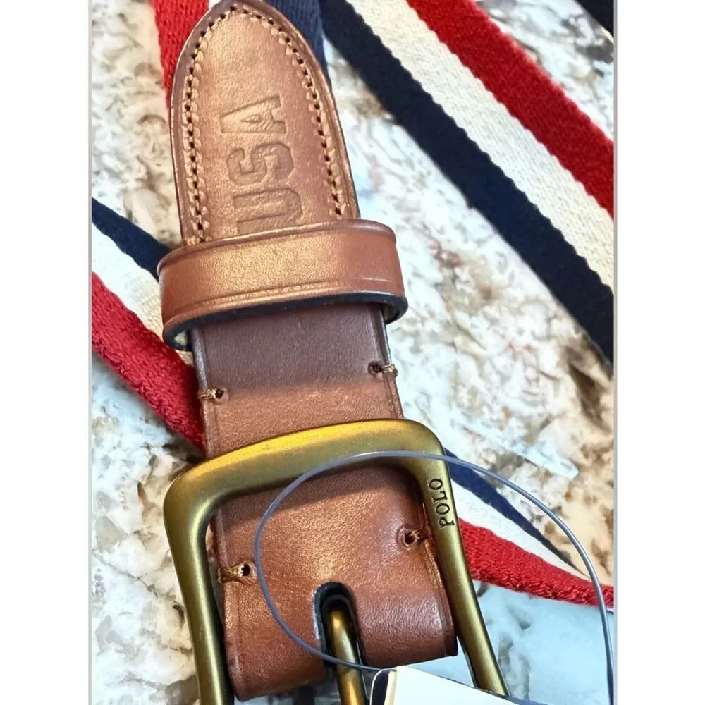 Polo Ralph Lauren Men’s 3X Striped Belt Leather Trim Golf Preppy XXL